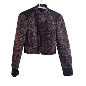 Bebe Collection Women’s Tweed Jacket Size 6 Quilted Shoulder & Cuff Black/Red